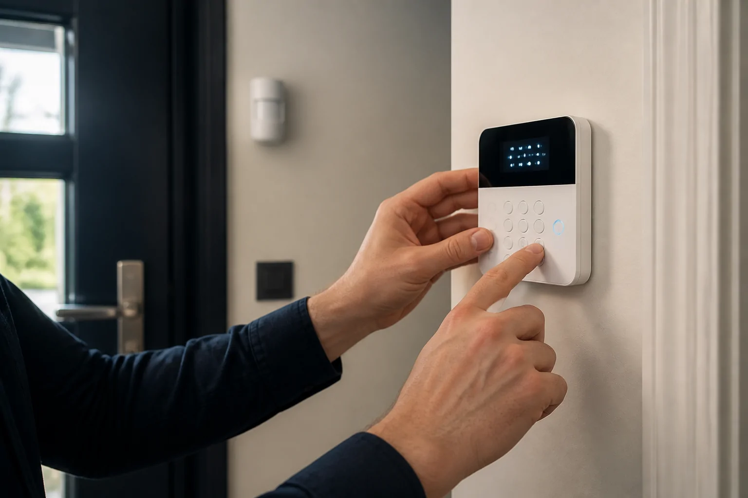 Technik konfigurujący panel systemu alarmowego przy wejściu do domu